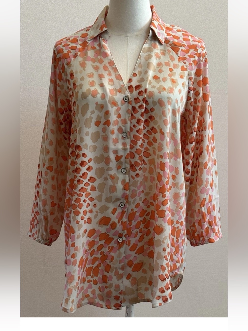NWT Cabi Sheer Tunic Blouse XXS Pink Orange Animal Print Long Sleeve